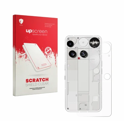 Parte frontal de un envase de producto con el logotipo de la marca upscreen. Al lado se muestra el dispositivo Nothing Phone (