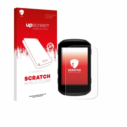 Parte frontal de un envase de producto con el logotipo de la marca upscreen. Al lado se muestra el dispositivo Garmin Edge 850