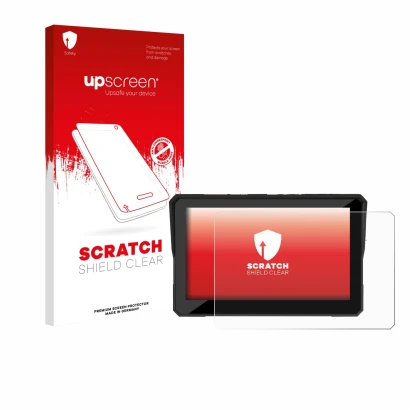 Parte frontal de un envase de producto con el logotipo de la marca upscreen. Al lado se muestra el dispositivo Carpuride W502