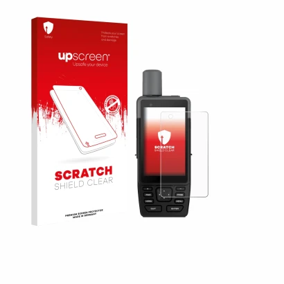 Parte frontal de un envase de producto con el logotipo de la marca upscreen. Al lado se muestra el dispositivo Garmin GPSMAP H