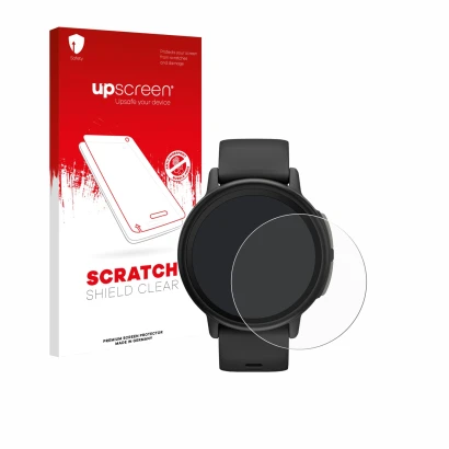 Parte frontal de un envase de producto con el logotipo de la marca upscreen. Al lado se muestra el dispositivo Garmin Bounce 2