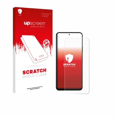 Parte frontal de un envase de producto con el logotipo de la marca upscreen. Al lado se muestra el dispositivo Honor 400 Smart