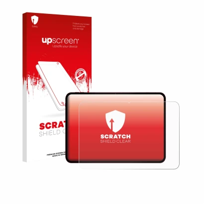 Parte frontal de un envase de producto con el logotipo de la marca upscreen. Al lado se muestra el dispositivo Teclast T65 Plu