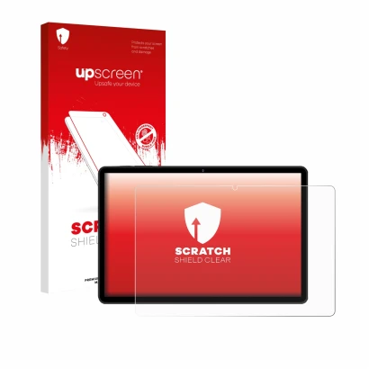 Parte frontal de un envase de producto con el logotipo de la marca upscreen. Al lado se muestra el dispositivo RUSHAR M90 11"