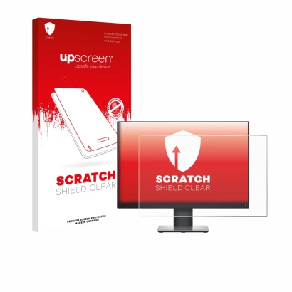 Parte frontal de un envase de producto con el logotipo de la marca upscreen. Al lado se muestra el dispositivo Dell Profession