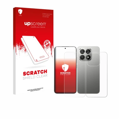 Parte frontal de un envase de producto con el logotipo de la marca upscreen. Al lado se muestra el dispositivo Xiaomi 15T (Fro