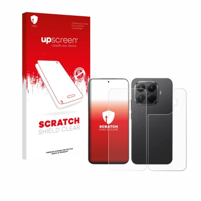 Parte frontal de un envase de producto con el logotipo de la marca upscreen. Al lado se muestra el dispositivo Xiaomi 15T Pro