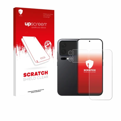 Parte frontal de un envase de producto con el logotipo de la marca upscreen. Al lado se muestra el dispositivo Xiaomi 17 Pro (