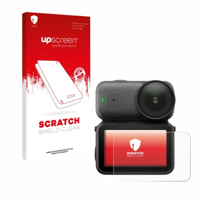 Parte frontal de un envase de producto con el logotipo de la marca upscreen. Al lado se muestra el dispositivo DJI Osmo Nano c