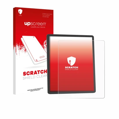 Parte frontal de un envase de producto con el logotipo de la marca upscreen. Al lado se muestra el dispositivo Amazon Kindle S