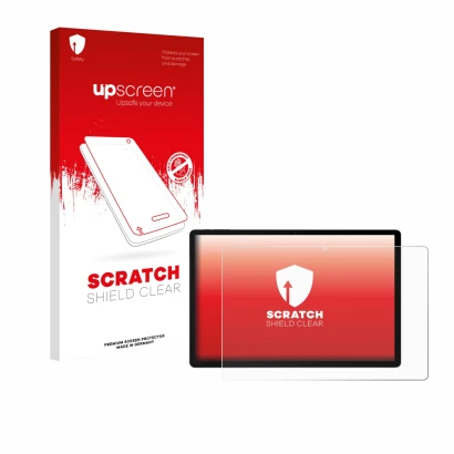 Parte frontal de un envase de producto con el logotipo de la marca upscreen. Al lado se muestra el dispositivo Doogee U13 con 