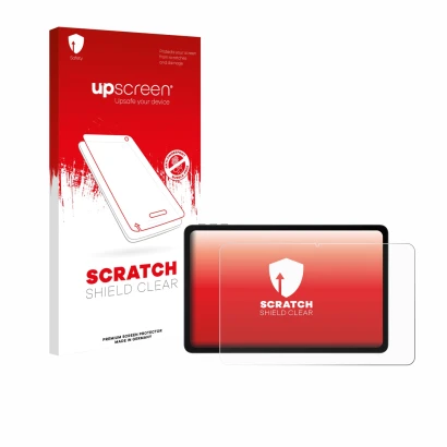 Parte frontal de un envase de producto con el logotipo de la marca upscreen. Al lado se muestra el dispositivo Doogee U12 con