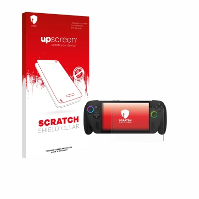 Parte frontal de un envase de producto con el logotipo de la marca upscreen. Al lado se muestra el dispositivo ASUS ROG Ally X