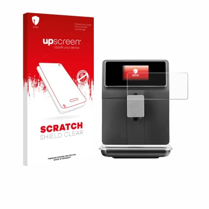 Parte frontal de un envase de producto con el logotipo de la marca upscreen. Al lado se muestra el dispositivo WMF Perfection