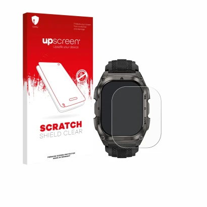 Parte frontal de un envase de producto con el logotipo de la marca upscreen. Al lado se muestra el dispositivo Kospet Tank M4 