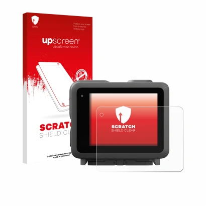 Parte frontal de un envase de producto con el logotipo de la marca upscreen. Al lado se muestra el dispositivo GoPro Lit Hero 