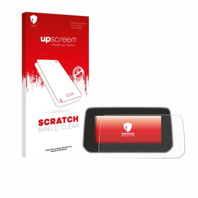 Parte frontal de un envase de producto con el logotipo de la marca upscreen. Al lado se muestra el dispositivo Mazda CX-5 2020