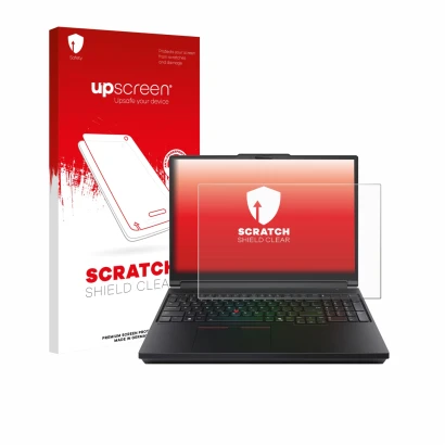 Parte frontal de un envase de producto con el logotipo de la marca upscreen. Al lado se muestra el dispositivo Lenovo ThinkPad