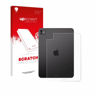 Parte frontal de un envase de producto con el logotipo de la marca upscreen. Al lado se muestra el dispositivo Apple iPad Pro 