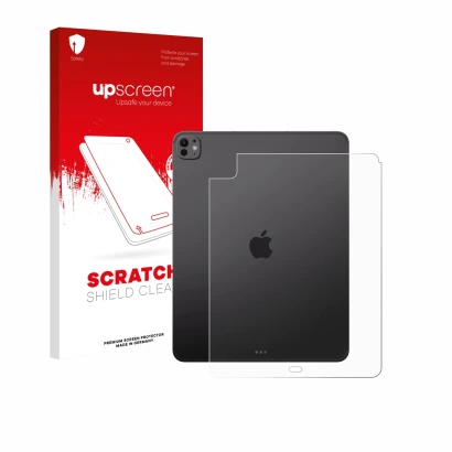 Parte frontal de un envase de producto con el logotipo de la marca upscreen. Al lado se muestra el dispositivo Apple iPad Pro 