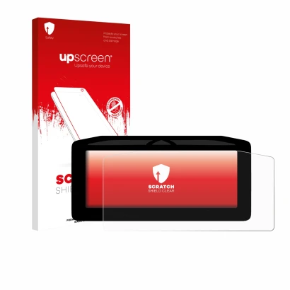 Parte frontal de un envase de producto con el logotipo de la marca upscreen. Al lado se muestra el dispositivo Ducati Panigale