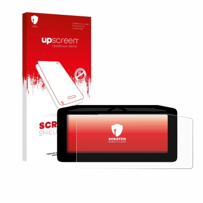 Parte frontal de un envase de producto con el logotipo de la marca upscreen. Al lado se muestra el dispositivo Ducati XDiavel 