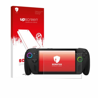 Parte frontal de un envase de producto con el logotipo de la marca upscreen. Al lado se muestra el dispositivo ASUS ROG Xbox A