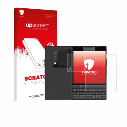 Parte frontal de un envase de producto con el logotipo de la marca upscreen. Al lado se muestra el dispositivo Unihertz Titan
