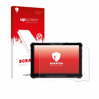 Parte frontal de un envase de producto con el logotipo de la marca upscreen. Al lado se muestra el dispositivo Dell Pro Rugged