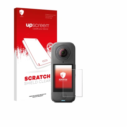 Parte frontal de un envase de producto con el logotipo de la marca upscreen. Al lado se muestra el dispositivo Insta360 X4 Air