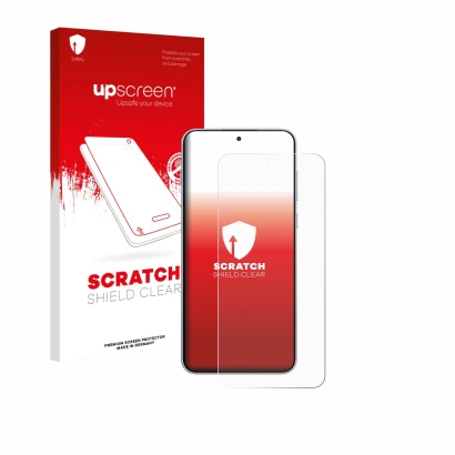 Parte frontal de un envase de producto con el logotipo de la marca upscreen. Al lado se muestra el dispositivo OnePlus 15R con