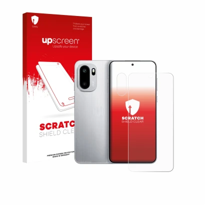 Parte frontal de un envase de producto con el logotipo de la marca upscreen. Al lado se muestra el dispositivo OnePlus 15R (Fr