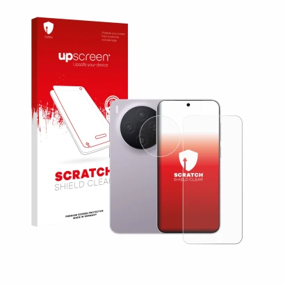 Parte frontal de un envase de producto con el logotipo de la marca upscreen. Al lado se muestra el dispositivo Vivo X300 (Fron