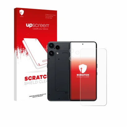 Parte frontal de un envase de producto con el logotipo de la marca upscreen. Al lado se muestra el dispositivo Nothing Phone (