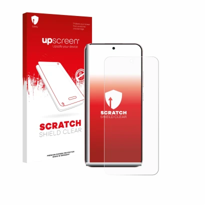 Parte frontal de un envase de producto con el logotipo de la marca upscreen. Al lado se muestra el dispositivo Oppo Reno 14 co