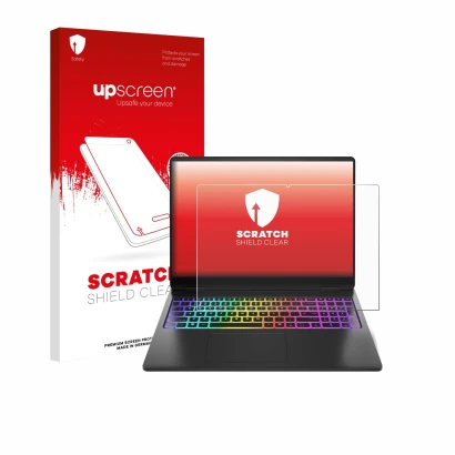 Parte frontal de un envase de producto con el logotipo de la marca upscreen. Al lado se muestra el dispositivo HP Omen Max 16 