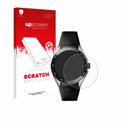 Parte frontal de un envase de producto con el logotipo de la marca upscreen. Al lado se muestra el dispositivo TAG Heuer Conne
