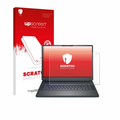 Parte frontal de un envase de producto con el logotipo de la marca upscreen. Al lado se muestra el dispositivo Dell Alienware