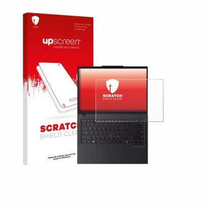 Parte frontal de un envase de producto con el logotipo de la marca upscreen. Al lado se muestra el dispositivo Lenovo ThinkPad