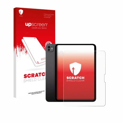 Parte frontal de un envase de producto con el logotipo de la marca upscreen. Al lado se muestra el dispositivo Apple iPad Pro