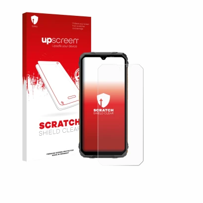 Parte frontal de un envase de producto con el logotipo de la marca upscreen. Al lado se muestra el dispositivo Blackview Fort