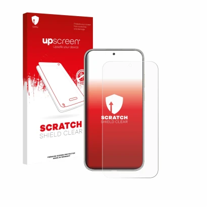 Parte frontal de un envase de producto con el logotipo de la marca upscreen. Al lado se muestra el dispositivo Huawei Mate 70 