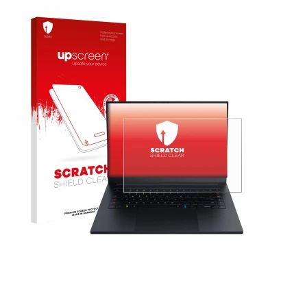Parte frontal de un envase de producto con el logotipo de la marca upscreen. Al lado se muestra el dispositivo Razer Blade 16 