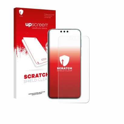 Parte frontal de un envase de producto con el logotipo de la marca upscreen. Al lado se muestra el dispositivo Huawei Mate 80