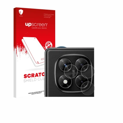 Parte frontal de un envase de producto con el logotipo de la marca upscreen. Al lado se muestra el dispositivo Xiaomi Redmi No