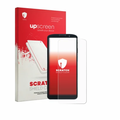 Parte frontal de un envase de producto con el logotipo de la marca upscreen. Al lado se muestra el dispositivo Unitech EA630 c