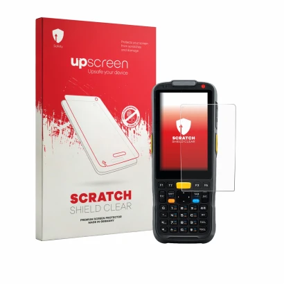 Parte frontal de un envase de producto con el logotipo de la marca upscreen. Al lado se muestra el dispositivo Newland PT60 Na