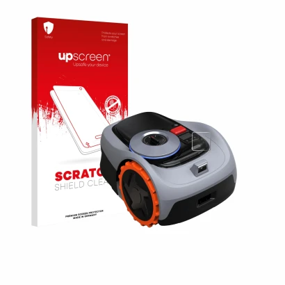 Parte frontal de un envase de producto con el logotipo de la marca upscreen. Al lado se muestra el dispositivo Navimow i105E+ 
