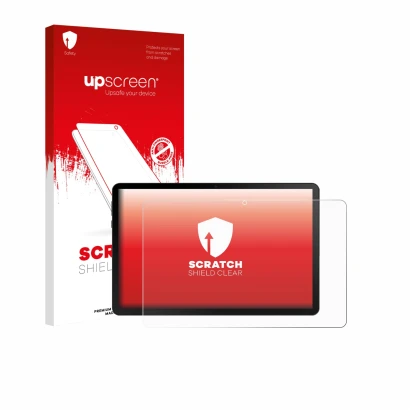 Parte frontal de un envase de producto con el logotipo de la marca upscreen. Al lado se muestra el dispositivo Ainmel G9 11.5"