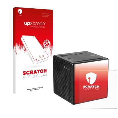 Parte frontal de un envase de producto con el logotipo de la marca upscreen. Al lado se muestra el dispositivo Sony ICF-C1 con